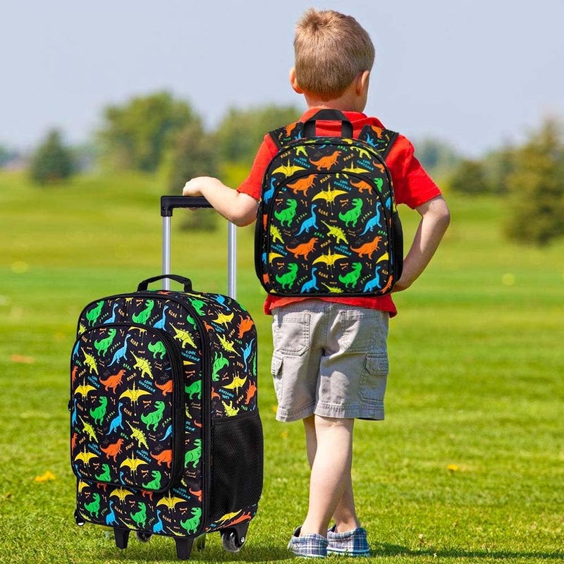 FTJCF Store 2Pcs Dinosaur Suitcase for Boys, 18" Kids Carry on Luggage with Wheels, Cool Travel Rolling Set with 12" Toddler Backpack(Black) - Image 3